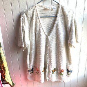 Vtg National Wildlife Federation Ivory Floral Embroidery Cardigan Short Sleeve L